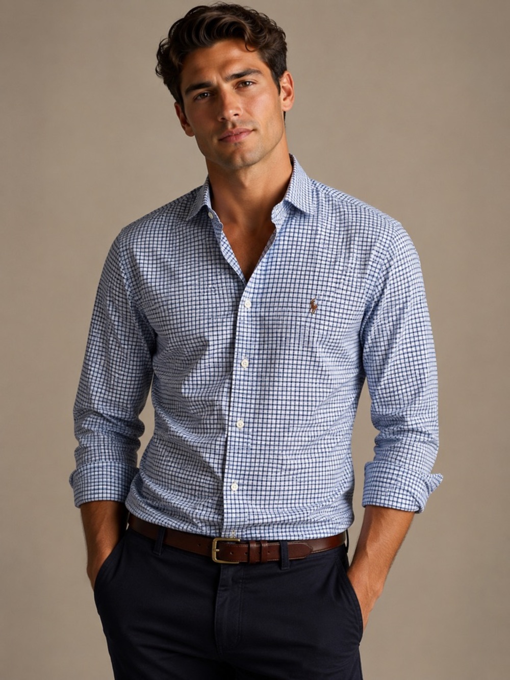 Ralph Lauren Blue and White Checked Button-Down Shirt